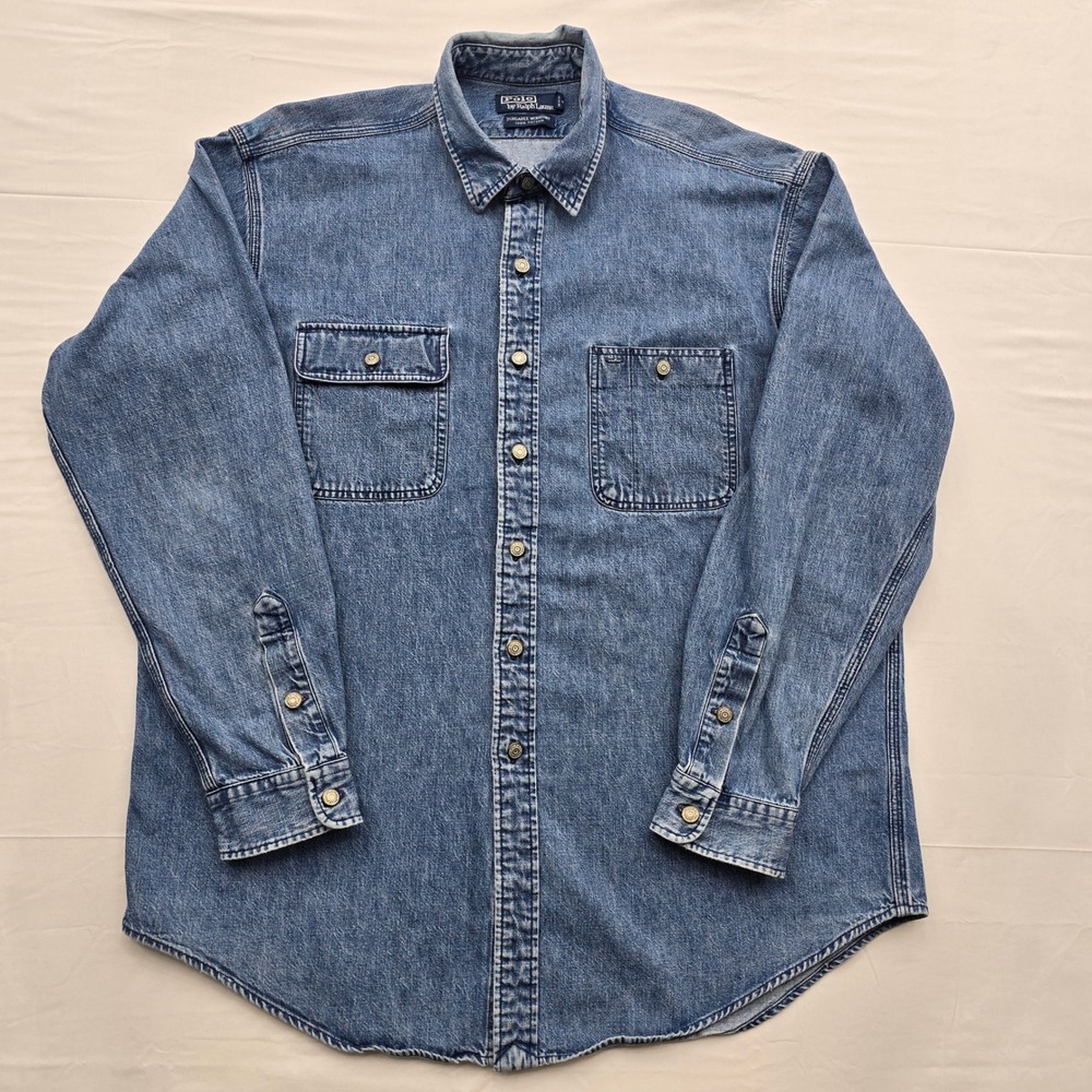 Vintage 90s Polo Ralph Lauren Dungaree Workshirt Denim Shirt Mens XL Blue